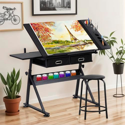 ZENY Adjustable Drafting Table with Stool, Tilting Drawing Desk Artist Table with Storage Drawers, Art Craft Workstation for Home Office Reading, Writing, Crafting - color: Black