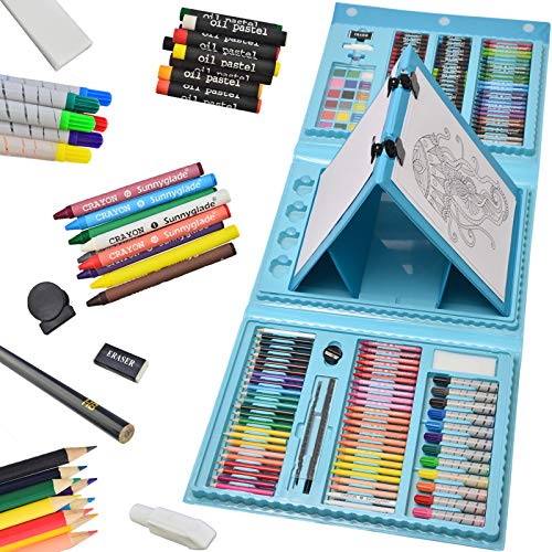 Sunnyglade 185 Pieces Double Sided Trifold Easel Art Set, Drawing Art Box with Oil Pastels, Crayons, Colored Pencils, Markers, Paint Brush, Watercolor Cakes, Sketch Pad (Blue) - color: Blue