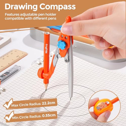 Nicpro 17 PCS Compass Geometry Set for Students, Drafting Tools Math Protractor Compass with Rulers, Mechanical Pencil, Square Set, Box of Protractors Kit for Class Supplies, Back to School Supplies