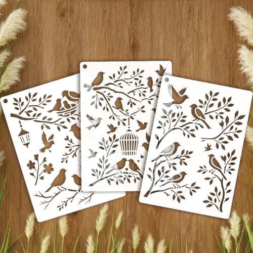 4 Sheets Bird Branches Stencils for Painting, 4 Styles Large Reusable Birds on Tree Drawing Template Birdcage Tree Silhouette Templates for Painting on Canvas Wood Wall Home Decor - style: Bird Branches