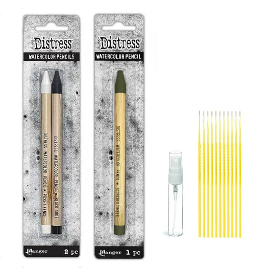 Watercolor Pencil Bundle - Ranger Distressed Watercolor Pencils Picket Fence, Black Soot, Scorched Timber Detail Sticks and Glass Spray Bottle