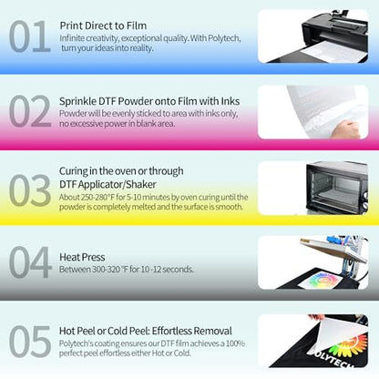 Polytech DTF Ink 6x100ML, Heat Transfer Printing Direct to Film, DTF Transfer Ink for PET Film, High Opacity Refill DTF Ink for Epson Printers ET-8550, XP-15000, L1800, L805, R1390, I3200, XP600 - size: CMYKW 6x100ML