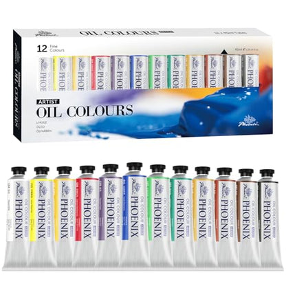 PHOENIX Artist Oil Paint Set - 12 Color x 1.35 Oz. / 40ml Tubes Professional Quality Oil Based Paint for Canvas Painting - color: 12 colors