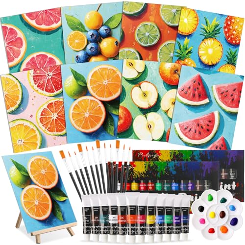 Cholemy 36 Pcs Paint and Sip Kit for Adults 8''x10'' Pre Drawn Canvas for Painting DIY Afro Acrylic Painting Kit Wood Easel Brushes Date Night Bulk for Summer 4th of July Party Gift(Colorful Fruits) - style: Colorful Fruits