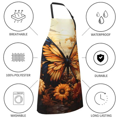 Prancing Brown Horse Heavy Duty Waterproof Apron with Pockets for AdultsResistant Grilling, Gardening, Painting - color: Orange Yellow Butterfly Field Flowers