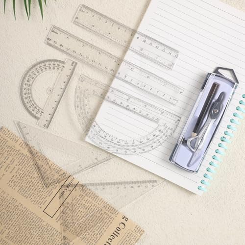 1 Set Plastic Geometry Math Set, Measuring Tool Includes Clear Ruler 12 Inch 6 Inch 6 and 3.8 Inches Protractor 45/60 Degree Triangle Rulers Compass for Office Drawing Drafting Engineering