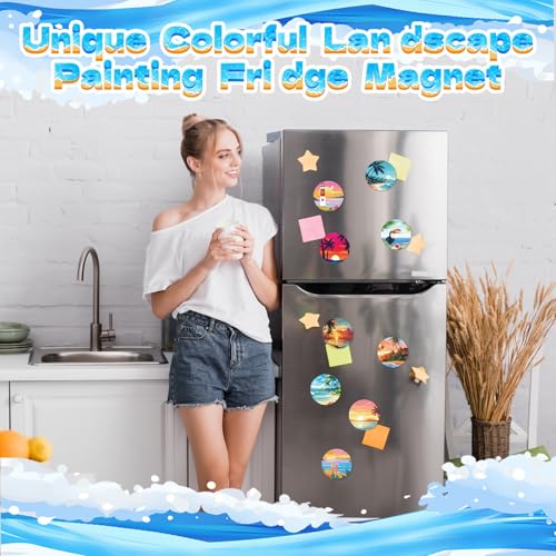 24 Pcs Magnetic Canvas Mini Round Canvas Boards Pre Drawn Canvases with Brushes Acrylic Paints Pre Printed Painting Boards for Students DIY Fridge Locker Art Craft(Hawaii)