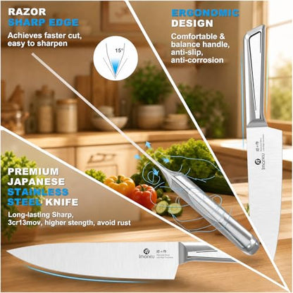 imarku 14-Piece Knife Set with Block, One Set for Meat, Fish, Veggies & Bread, Glides Through Every Cut, High Carbon Stainless Steel with Built-in Sharpener, Dishwasher Safe, utility knives - color: Black, size: 14 Pcs