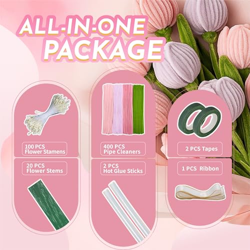 Upgraded 2026 Pipe Cleaners Craft Kit: 400-Piece DIY Flower Making Supplies with Exclusive Color Palette | Includes Chenille Stems, Floral Wire, Gardening Tape, Stamen & Ribbon for Kids Arts & Crafts - color: pink