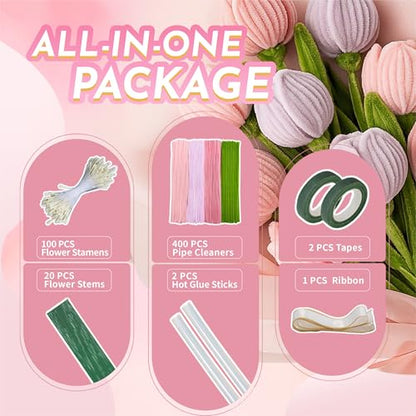 Upgraded 2026 Pipe Cleaners Craft Kit: 400-Piece DIY Flower Making Supplies with Exclusive Color Palette | Includes Chenille Stems, Floral Wire, Gardening Tape, Stamen & Ribbon for Kids Arts & Crafts - color: pink