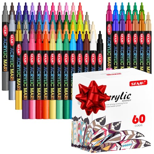 SFAIH Acrylic Creative Markers Set of 60 Vibrant, 14 Metallics, 1-2mm Fine Tips - Holiday Paint Markers, Art Supplies, Ultra-High Coverage, High Color Rendering, Any Surface - color: 60 Colors