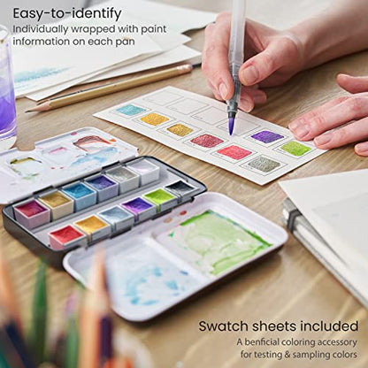 ARTEZA Watercolor Paint Set, 12 Metallic Watercolor Paints, Glitter Watercolor Paint in Half Pans, Travel Watercolor Set - style: Metallic & Iridescent, Set of 12