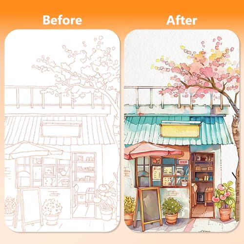 Mulyric 2-Pack Watercolor Painting Books for Adults & Beginners - All-in-One Creative Stress Relief Art Kit with 3-Fold Pad, 32 Pre-Printed Pages, 24 Colors & 2 Brushes (European + Serene Scenery) - color: European + Serene Scenery