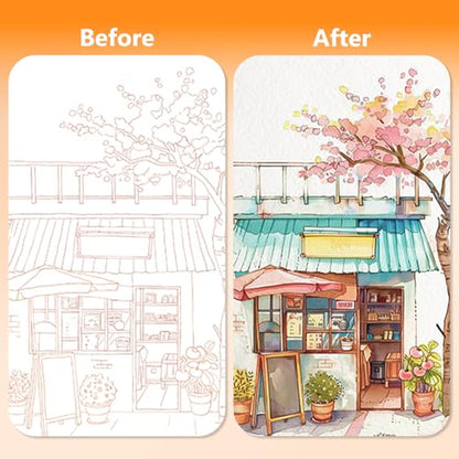 Mulyric 2-Pack Watercolor Painting Books for Adults & Beginners - All-in-One Creative Stress Relief Art Kit with 3-Fold Pad, 32 Pre-Printed Pages, 24 Colors & 2 Brushes (European + Serene Scenery) - color: European + Serene Scenery