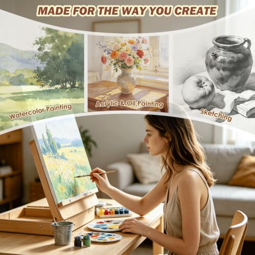 Tabletop Easel for Painting, Adjustable Beechwood Sketchbox with Large Capacity Storage, Portable Desktop Art Easel Stand, Travel Station with Detachable Shoulder Strap for Adults, Artists & Beginners