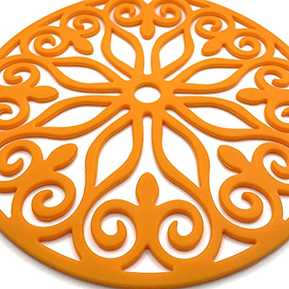 3 Set Silicone Trivet Mats With 1 Extra Large Included | Intricately Carved Insulated Flexible Durable Non Slip Thick Round Premium Trivets for Hot pots and pans | Orange - color: Orange