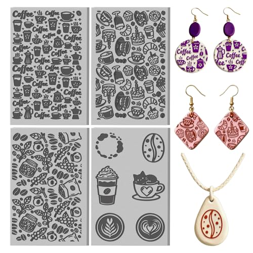 4 Sheets Coffee Pattern Clay Texture Mat Coffee Beans Polymer Clay Texture Sheets DIY Tools for Pottery Earring Jewelry Making Stamp Engraving Machines, 3.9x2.6inch - color: Coffee Pattern