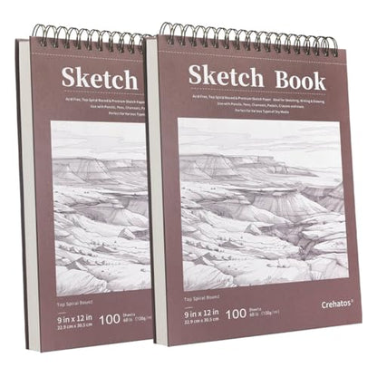 Crehatos 9" x 12" Sketch Book, Top Spiral Bound Sketch Pad, 100 Sheets Each 68lb/100gsm Drawing Paper, 2 Pack - size: 9" x 12" (2 Pack)