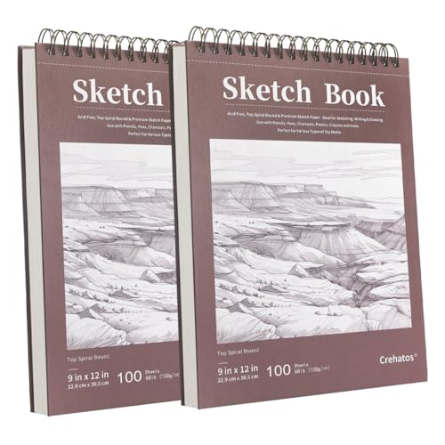 Crehatos 9" x 12" Sketch Book, Top Spiral Bound Sketch Pad, 100 Sheets Each 68lb/100gsm Drawing Paper, 2 Pack - size: 9" x 12" (2 Pack)