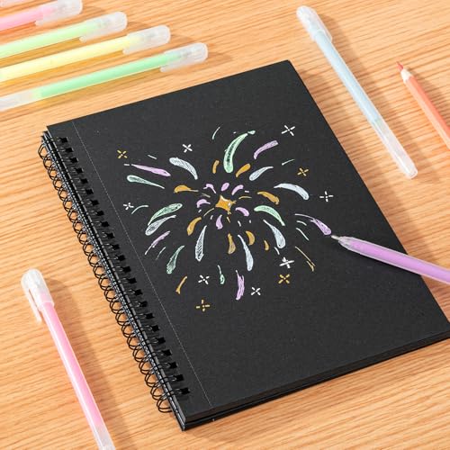 30 Sheets Black Paper Sketchbook with 12 Color Gel Pen Set, 98lb/160gsm Heavyweight Black Sketch Pad 5.5×8.5in, Acid-Free Drawing Paper, Spiral Bound Sketch Book for Kids, Teens, Artist - size: 5.5×8.5in Set
