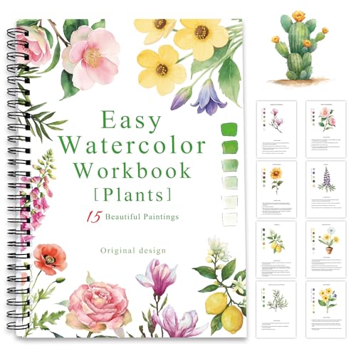 SLWBZ Watercolor Workbook Flower Plants, 15 Different Patterns of Original DIY Designs, Beginner-Friendly Watercolor Workbooks, (Plants, Without Palette) - color: Plants, size: without palette