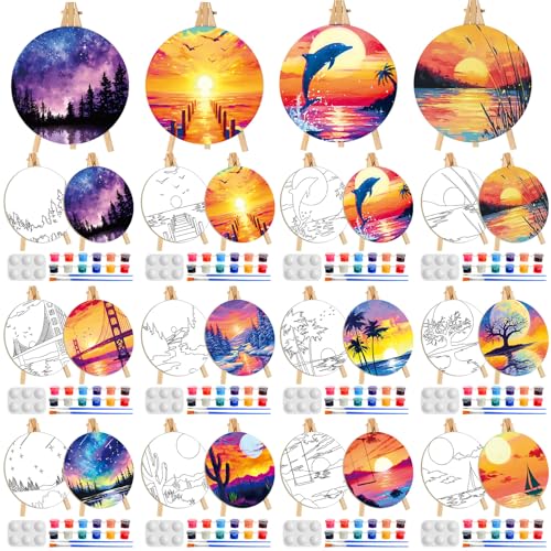 Supervitae 72 Piece Landscape Round Pre Drawn Canvas Kit 5.9" Paint and Sip Kit for Adults Painting Party Pre Printed Canvas DIY with Pictures Paints Easels Brushes for Party Gifts - size: 5.9", style: Landscape