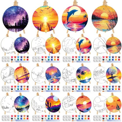 Supervitae 72 Piece Landscape Round Pre Drawn Canvas Kit 5.9" Paint and Sip Kit for Adults Painting Party Pre Printed Canvas DIY with Pictures Paints Easels Brushes for Party Gifts - size: 5.9", style: Landscape