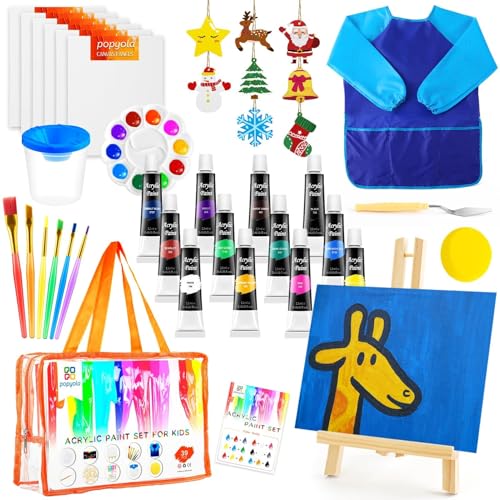 POPYOLA Acrylic Paint Set for Kids, Non Toxic Kids Painting Set with Tabletop Easel, Acrylic Paints, Smock, Canvases, Wooden Stencils, Brushes, Painting Kit Gift for Beginner Student Toddlers - color: Blue