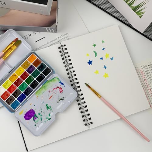 Set of 2, Each with 20 Sheets, 7.5 x 5.1 Inches, 140 lb Cold Press Watercolor Paper, 1150 GSM Black Hard Cover, Spiral Bound, White Pages for Drawing and Painting