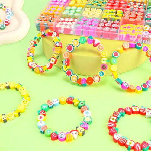 Gionlion Fruit Polymer Clay Beads Bracelet Making Kit, Colorful Clay Beads with Lemon, Strawberry, Avocado, and Watermelon Designs for DIY Jewelry, Bracelet & Necklace Making Crafts - style: Fruit