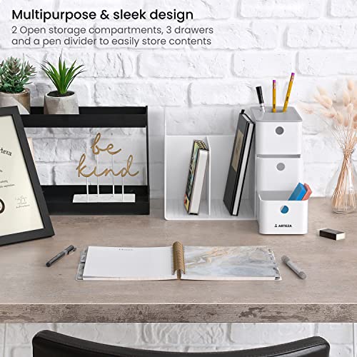 ARTEZA Desktop Storage Rack with Divider – 3 Drawers for Art and Office Supplies, Pencil Holder Organizer for Desk, 11.57 x 8.43 x 8.5 in, Cool Gray - style: 3 Drawers White