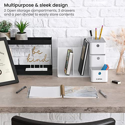 ARTEZA Desktop Storage Rack with Divider – 3 Drawers for Art and Office Supplies, Pencil Holder Organizer for Desk, 11.57 x 8.43 x 8.5 in, Cool Gray - style: 3 Drawers White
