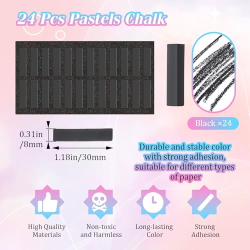 Watersay 24 Pcs Soft Pastel Drawing Chalk Set Square Sketch Chalk Non-toxic Artist Pastel Sticks for Professional Artists and Art Lovers(30 x 8 x 8 mm,Black Color) - color: Black Color