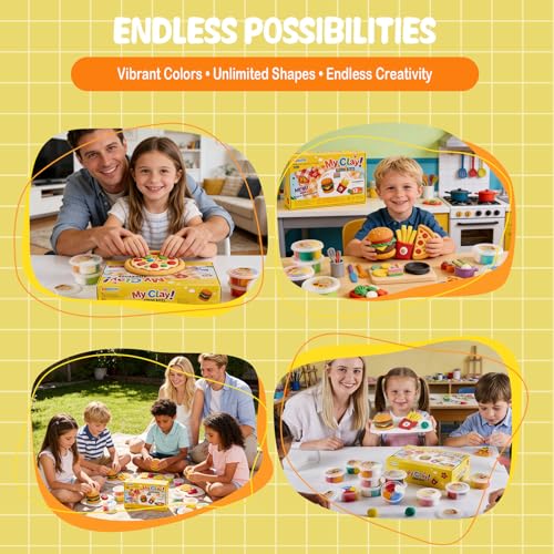Food Clay Kit for Kids – 12 Mini Food Themes: Pizza, Burger, Fries & More | Air Dry Modeling Set with Tools & Tutorials | Non-Sticky | Creative Gift for Boys Girls 3+