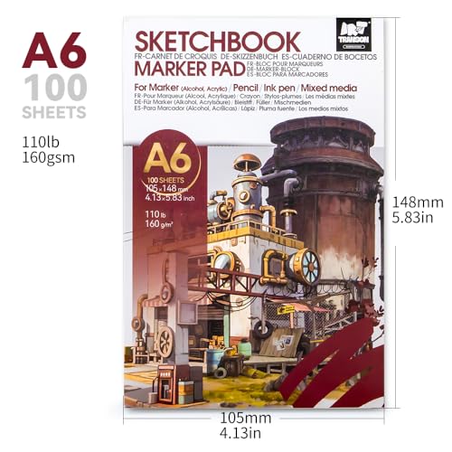 TRANSON 2 Pack A6 Mini Sketchbook Marker Pad, 110lb/160gsm Heavyweight Art Paper, No Bleed Through, 100 Sheets/200 Pages 4.13"x5.83" for Drawing & Sketching - size: 2 PACK A6 160gsm