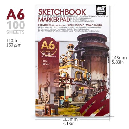 TRANSON 3 Pack A6 Mini Sketchbook Marker Pad, 110lb/160gsm Heavyweight Art Paper, No Bleed Through, 100 Sheets/200 Pages 4.13"x5.83" for Drawing & Sketching - size: 3 PACK A6 160gsm