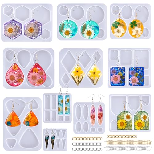 LET'S RESIN Resin Earring Mold, 171 Pcs Resin Jewelry Molds Making Kit with 11 Pack Variety Shape Silicone Molds, Earring Molds for Epoxy Pendant, Earrings, Necklace, Keychains - color: Geometric Earring Molds