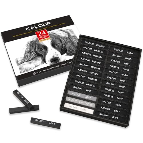 KALOUR 24 Pro Charcoal Drawing Set - Soft,Medium,Hard Charcoal and White - Charcoal Sticks for Drawing Sketching Shading - Art Supplies Gift for Artists Beginners Adults