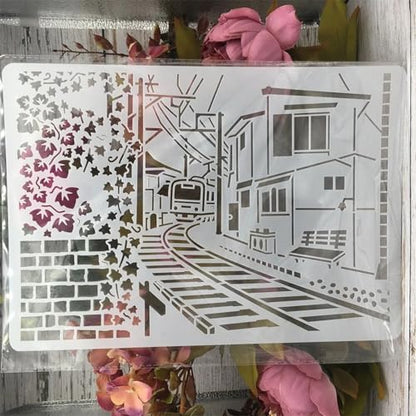 TIAMECH A4 Reusable Railway Train Stencil for Painting | Town House Layering Template, DIY Wall Art, Wood Furniture, Scrapbook & Crafts (8.3x11.7inch) - style: Railway Train