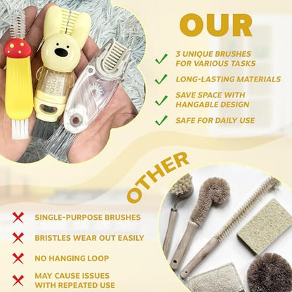Cup Lid Cleaning Brush, Multifunctional Set with 3 in 1 Lid Cleaner and Two 4 in 1 Cup Lid Cleaning Brushes, Cleaning Brush Tool for Bottles, Straws, Tumblers, Travel Mug Caps, Portable Kit (Yellow) - color: Yellow