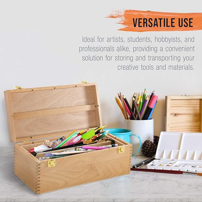 U.S. Art Supply Multi-Function Artist Supply Box with Locking Clasps & Removable Tray - Wooden Art Box for Artist Supplies, Brushes, Pencils, Erasers, Tool Storage Organizer Case