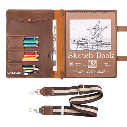 Robrasim Handmade Leather Sketchbook Cover, Artist Sketch Pad Holder for 11"X14" Top Spiral Bound Sketchbook, Drawing Book Pencil Case, Journal Portfolio with Shoulder Strap, Artist Gifts,Brown - color: Brown, size: For 11"x14"