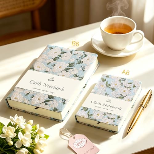 Pocket Notebook, A6, 4x6, Small Embroidered Journal, Cute Notebook, Lay Flat, Hardcover, Lined Notebook & Sketchbook, Personal Writing Journal for Women, Blue Journal, White Gardenia Flower - color: A6-Cute Gardenia
