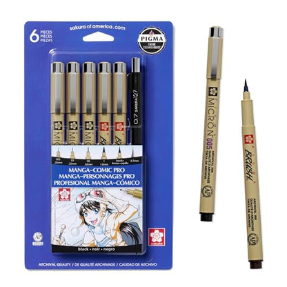 SAKURA 50201 6-Piece Pigma Manga Comic Pro Drawing Kit,Black - style: 6 Pen Pack