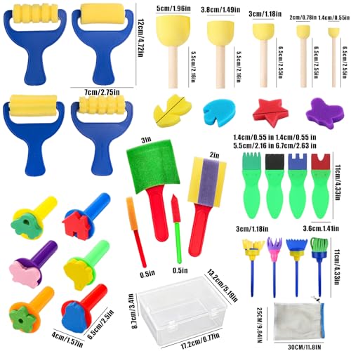 53-Pack Sponge Paint Brushes, Washable Painting Brushes, Toddler Painting Set, Early Learning Foam Roller Sponge Art Crafts Kit with Storage Bag, Creative Gift - style: 53 Pcs