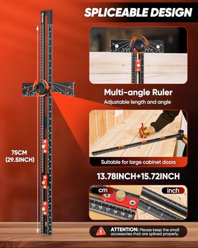 Saker 4-in-1 Scriber Marking Line Ruler, 29.5in Spliceable Extended T Square with Pencil, Precision Line Drawing & Drilling Positioning Tool, Cabinet Hardware Jig with Angle Adjustment for Woodworking - size: 29.5inch T Square Ruler with Pencil