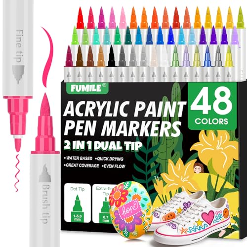 FUMILE 48 Colors Dual Tip Acrylic Paint Pens,Paint Markers With Extra Fine Tip and Brush Tip for Wood, Rock, Glass, Ceramic, Canvas, Paper.Paint Markers for DIY Craft,Pumpkin and Christmas - style: 48 Colors Fine and Brush Tip