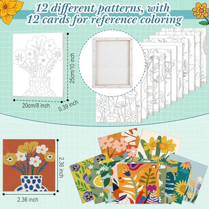 Engrowtic 12 Pcs 8 x 10'' Flower Pre Drawn Canvas to Paint Pre Printed Sketched Canvas for Adult Ladies Paint Art Party Favor Board Set for Craft(Simple Style) - style: Simple Style