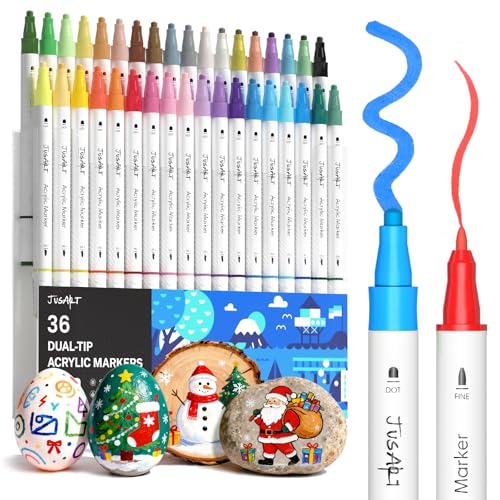JusArt 36 Colors Acrylic Paint Markers, Dual Tip Coloring Markers with Dot and Fine Tip for Rock, Fabric, Wood, Glass, Ceramic, Canvas, Vibrant Art Supplies and DIY Crafts Art Supplies - color: White Barrel- 36 Colors