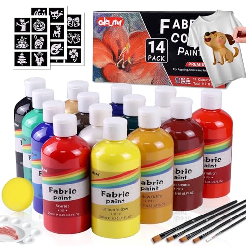 Colorful 14 Colors Permanent Fabric Paint for Furniture, 8.45 oz (250 ml) Fabric Paint for Clothes, Soft Rich Pigment Non-Toxic Textile Paint for Fabric DIY Crafts T-shirts Shoes Jeans for Adult - color: 14colors, size: 8.33 Fl Oz (Pack of 14)